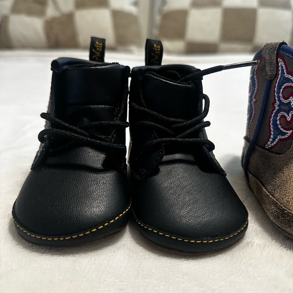 Dr. Martens Kids Black Lace-Up Ankle Boots with Yellow Stitching
